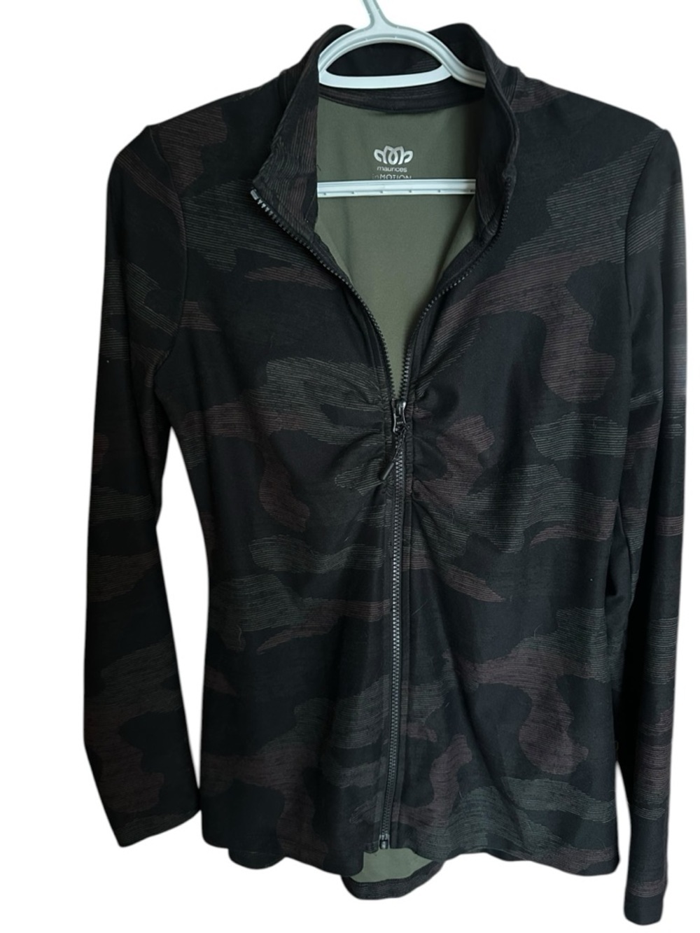 Maurices In Motion Womens Camo Athletic Jacket Black ZipFront Stretch Activewear